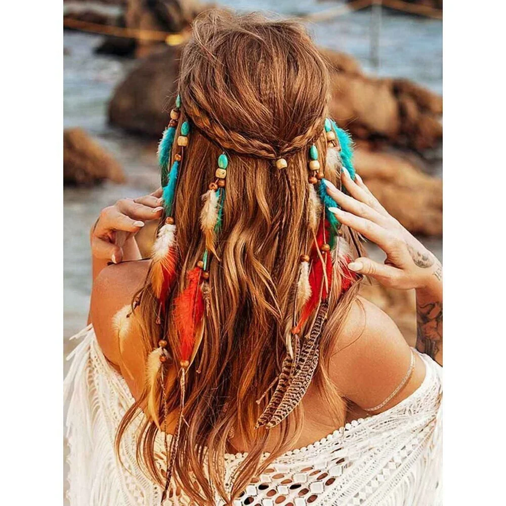 Boho Feather Headband Women's Adjustable Gemstone Gypsy Festival Accessory